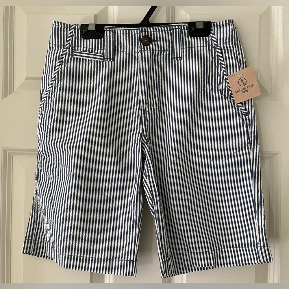 New Land’s End kids blue/white striped seersucker shorts-12